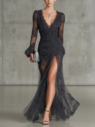 Almira™ - Dark Gray Lace Ruched Maxi Dress