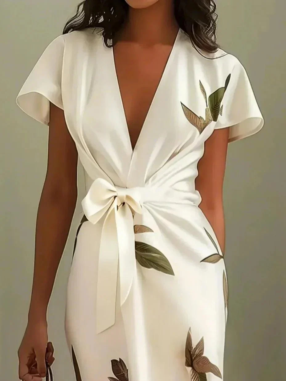 Petronilla™ - White Leaf Short Sleeve Satin Midi Dress