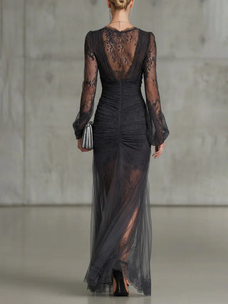 Almira™ - Dark Gray Lace Ruched Maxi Dress