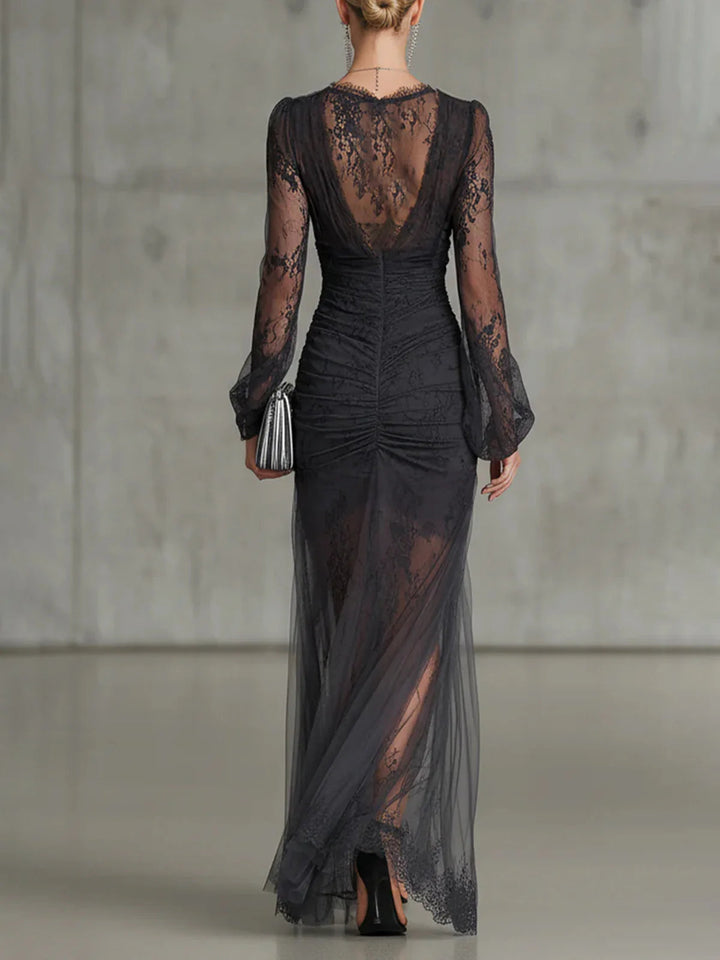 Almira™ - Dark Gray Lace Ruched Maxi Dress