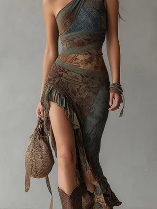 Elena | Bold One-Shoulder Printed Maxi Dress with Ruffled Slit