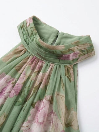 Leah - Green Floral Chiffon Maxi Dress with Halter Neckline