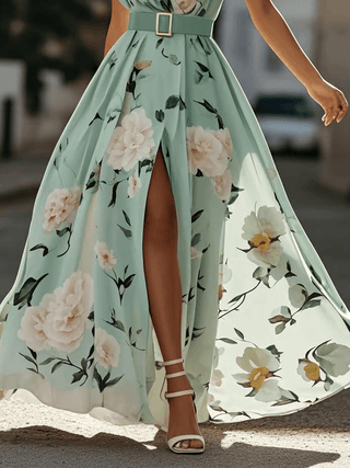 Magnolia™ - Light Green Floral Chiffon One-Shoulder Maxi Dress