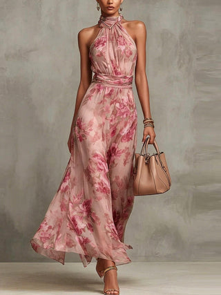 Leah - Green Floral Chiffon Maxi Dress with Halter Neckline