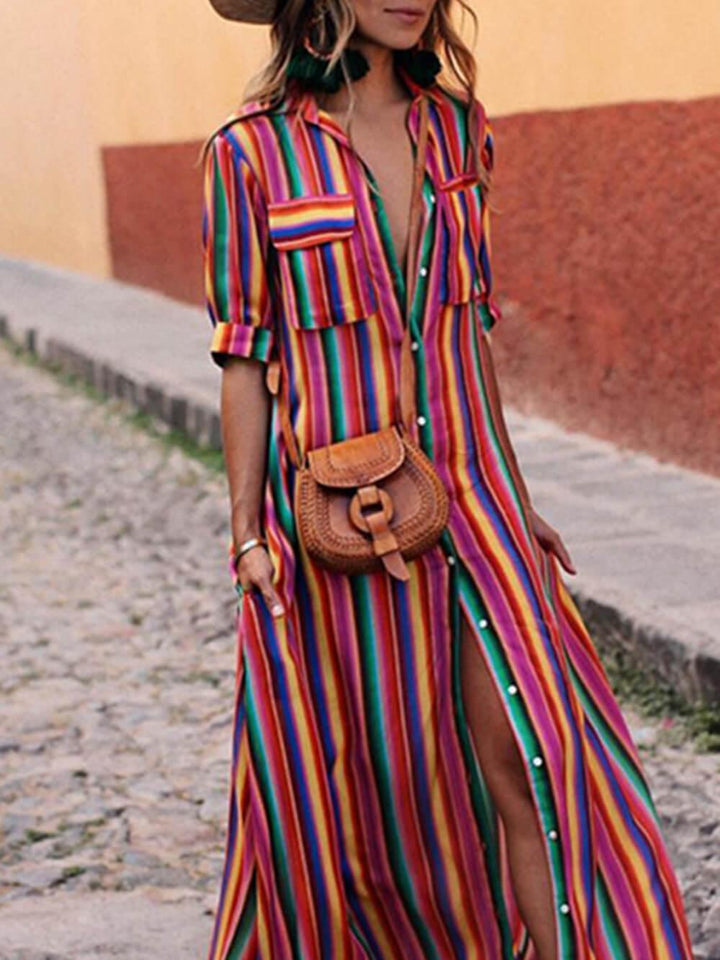 Guendolen™ - Summer Casual Striped Printed Shirt Maxi Skirt