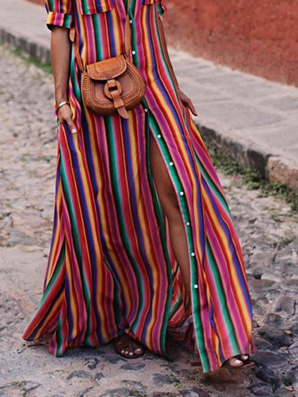 Guendolen™ - Summer Casual Striped Printed Shirt Maxi Skirt