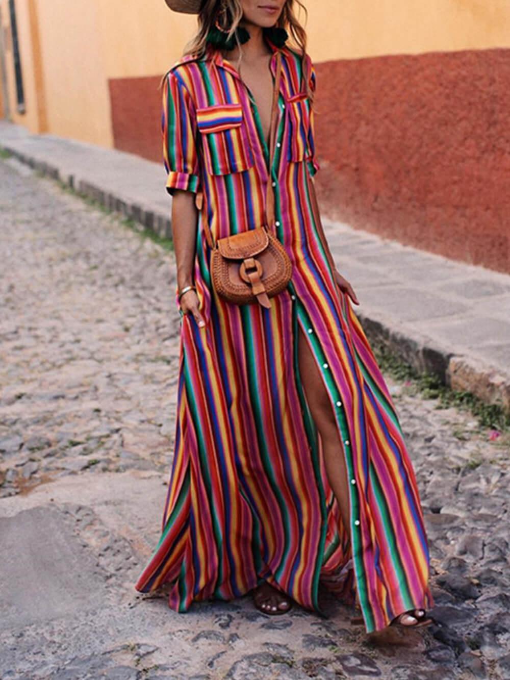 Guendolen™ - Summer Casual Striped Printed Shirt Maxi Skirt