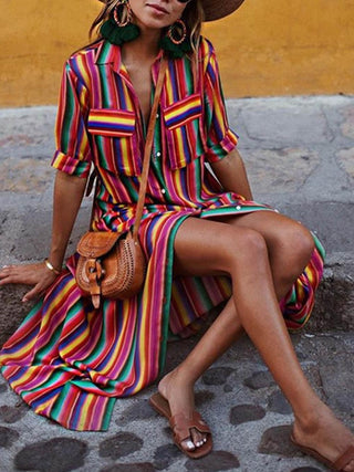 Guendolen™ - Summer Casual Striped Printed Shirt Maxi Skirt