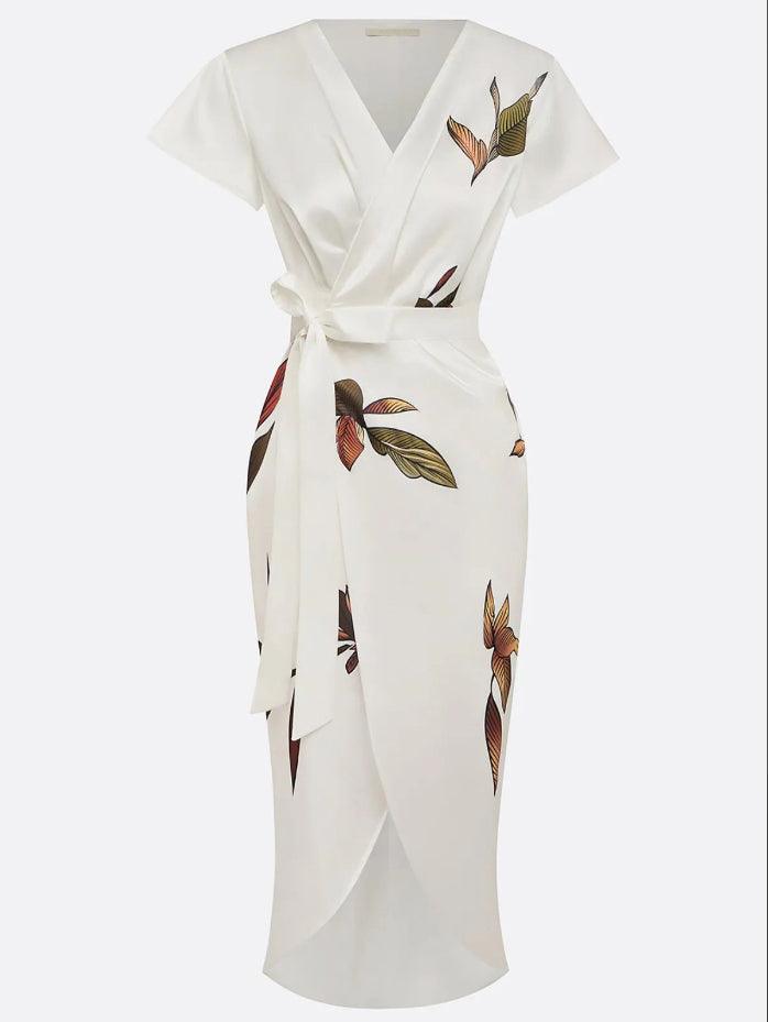 Petronilla™ - White Leaf Short Sleeve Satin Midi Dress