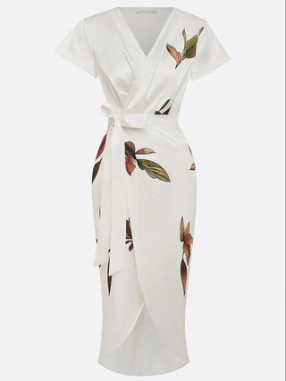 Petronilla™ - White Leaf Short Sleeve Satin Midi Dress