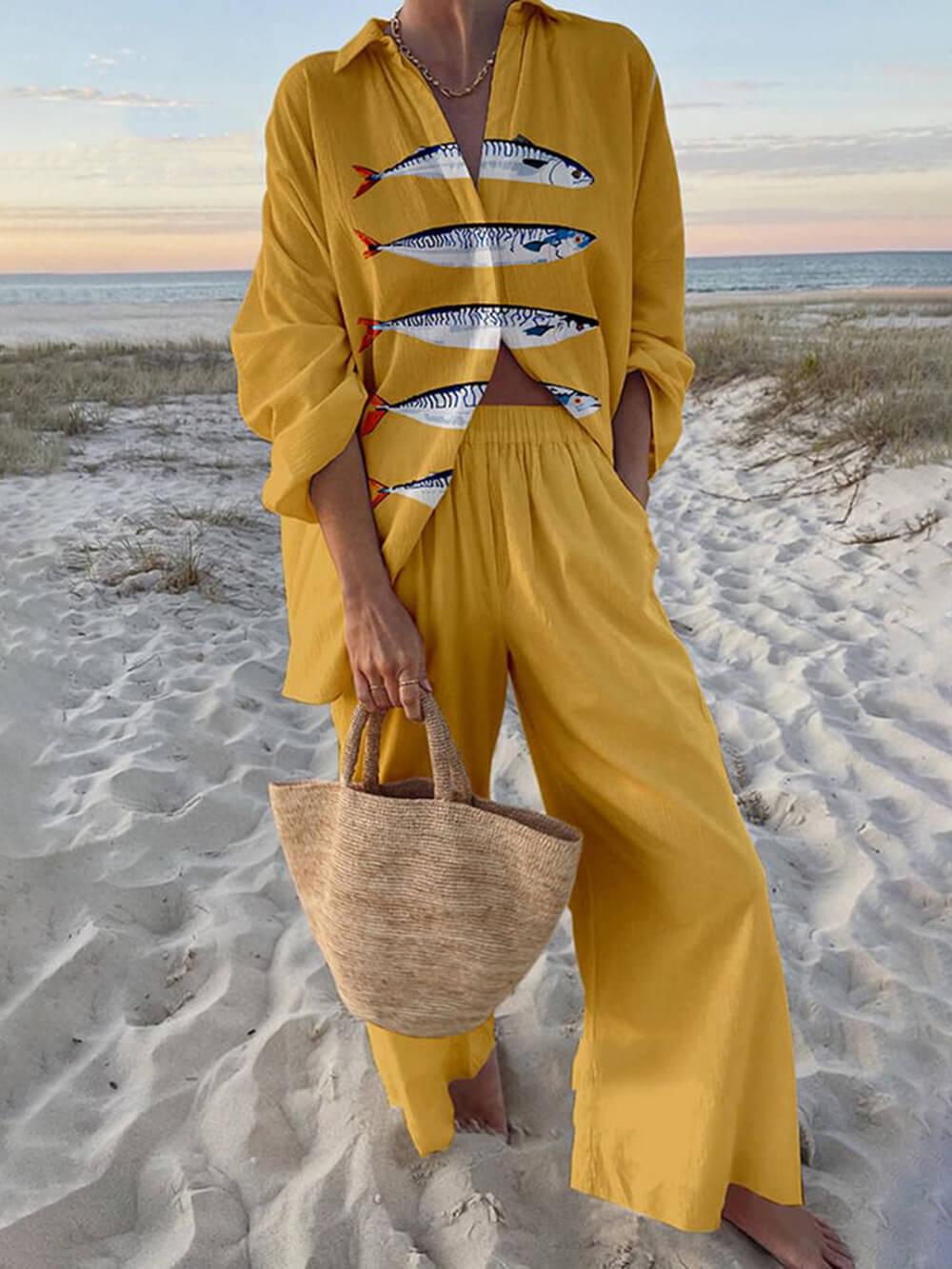 Josepha™ - Island Style Ocean Print Oversized Shirt and Pants Set