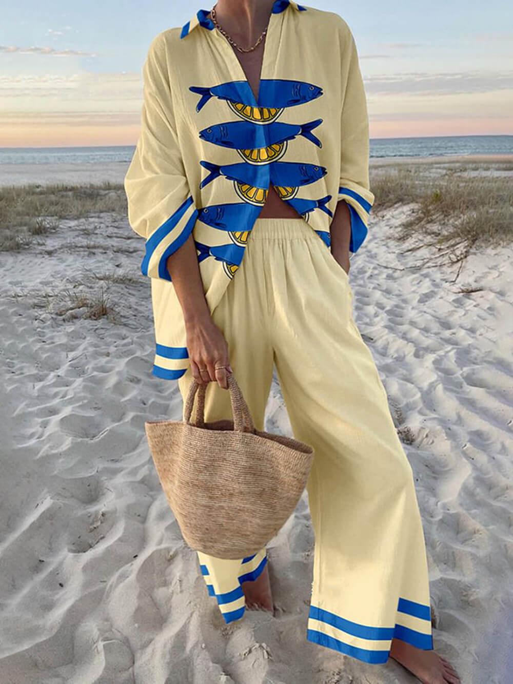 Josepha™ - Island Style Ocean Print Oversized Shirt and Pants Set
