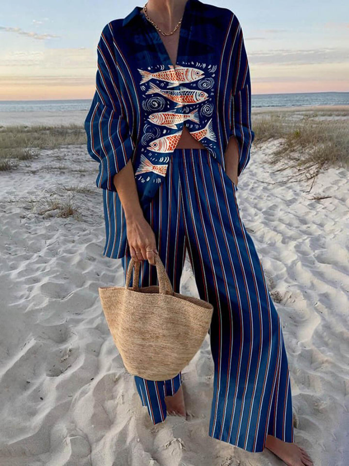 Josepha™ - Island Style Ocean Print Oversized Shirt and Pants Set
