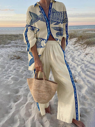 Josepha™ - Island Style Ocean Print Oversized Shirt and Pants Set