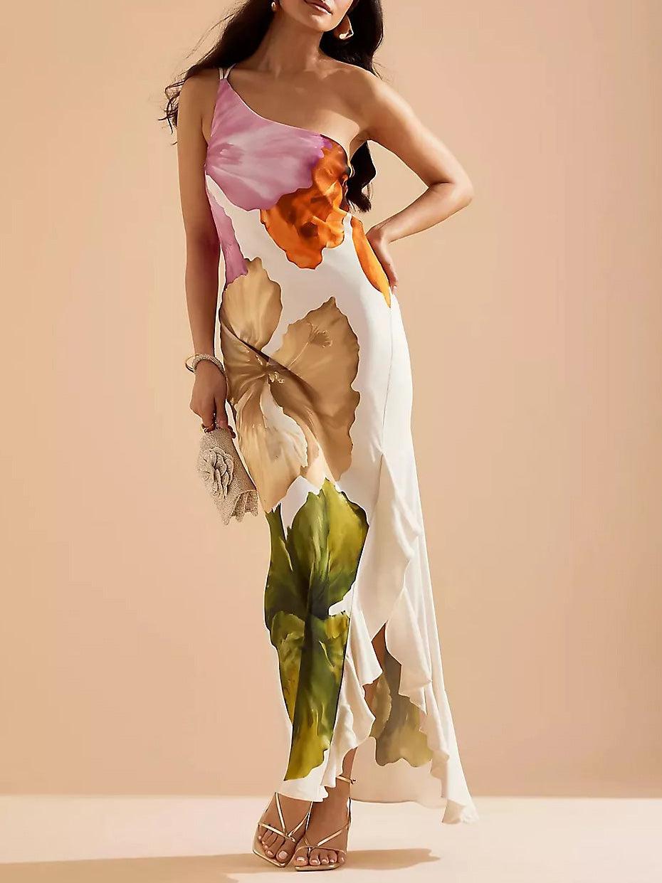 Florentina™ - Resort Vibes Elegant Floral Print One-shoulder Maxi Dress