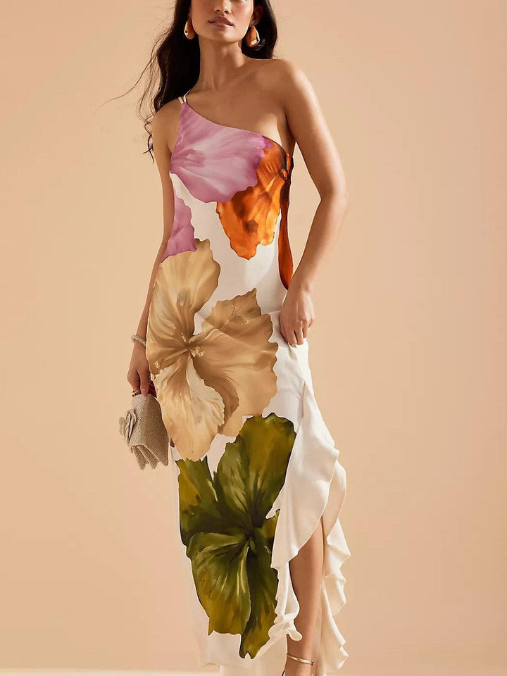 Florentina™ - Resort Vibes Elegant Floral Print One-shoulder Maxi Dress