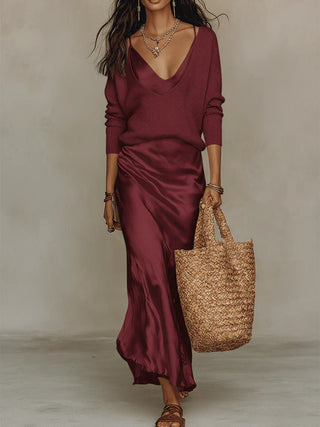 ROSABELLA - Satin Midi Dress with Sweater - Red