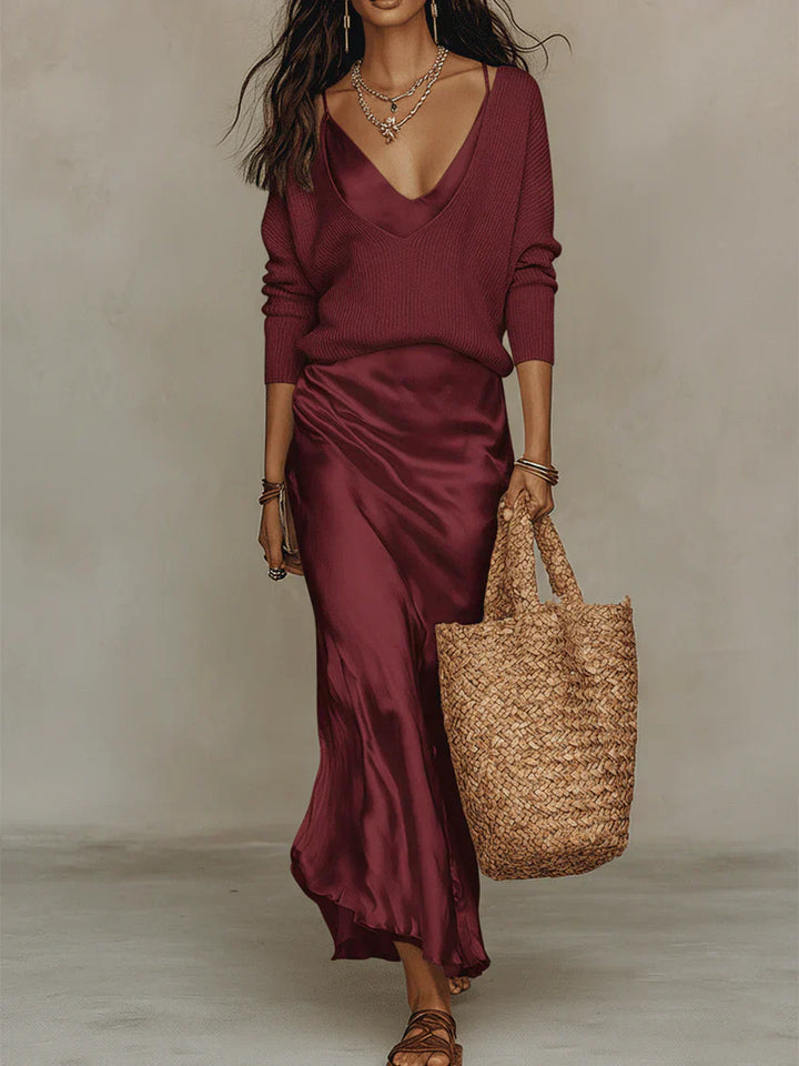 ROSABELLA - Satin Midi Dress with Sweater - Red