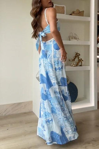 Wilhelmine™ - Ric Rac Strap Bow Back Printed Maxi Dress