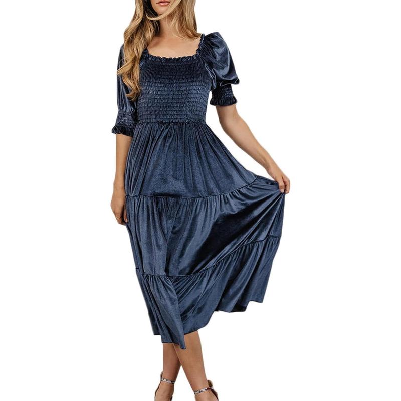 AUDREY™ - Square Neck Puff Sleeve A-Line Midi Dress for All Occasions