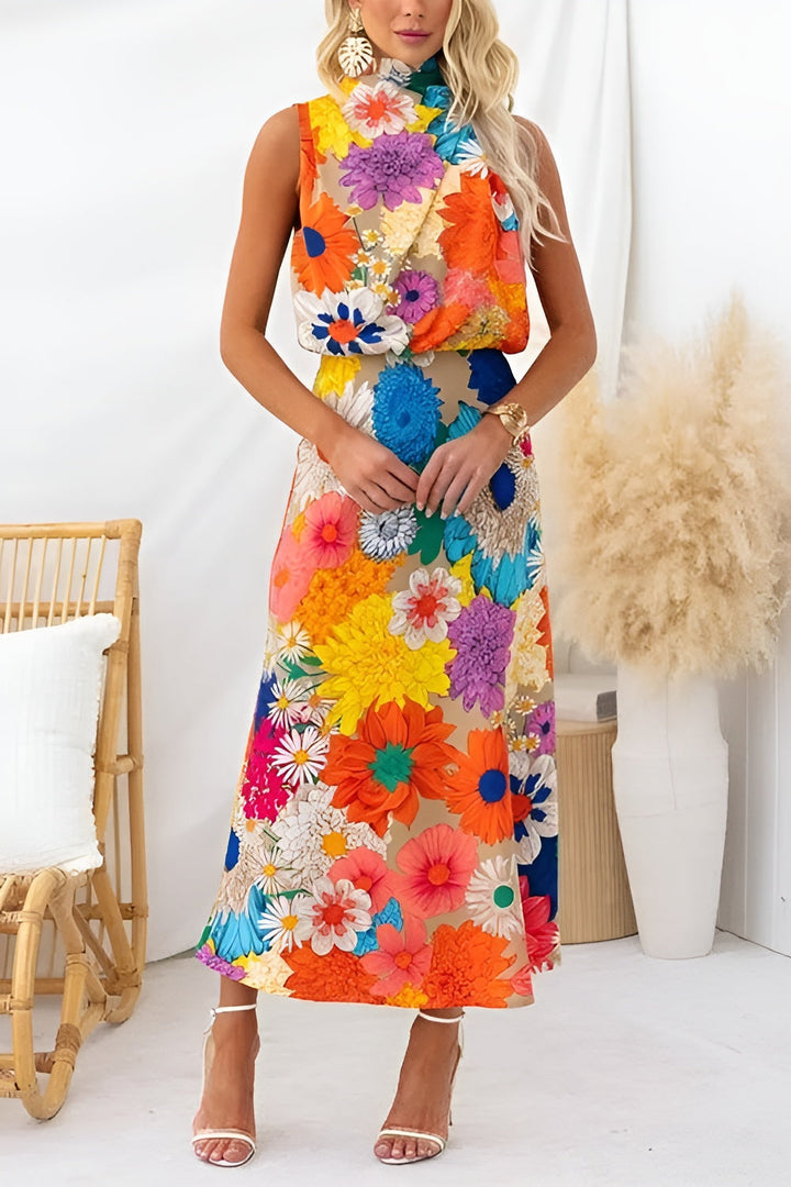 Melisande™ - Sleeveless Tie Neck Waisted Floral Print Maxi Dress