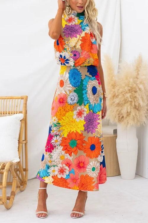 Melisande™ - Sleeveless Tie Neck Waisted Floral Print Maxi Dress