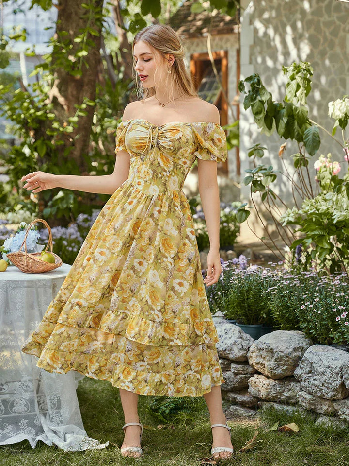 Victoria Off Shoulder Double-Layer Hem Dress with Pockets