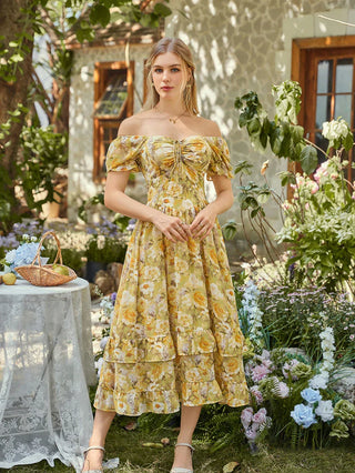 Victoria Off Shoulder Double-Layer Hem Dress with Pockets