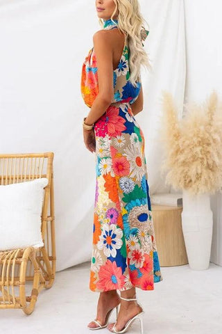 Melisande™ - Sleeveless Tie Neck Waisted Floral Print Maxi Dress
