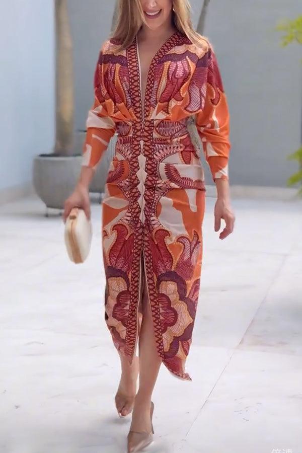 Yolanda™ - Sun Escape Unique Print Dolman Midi Dress