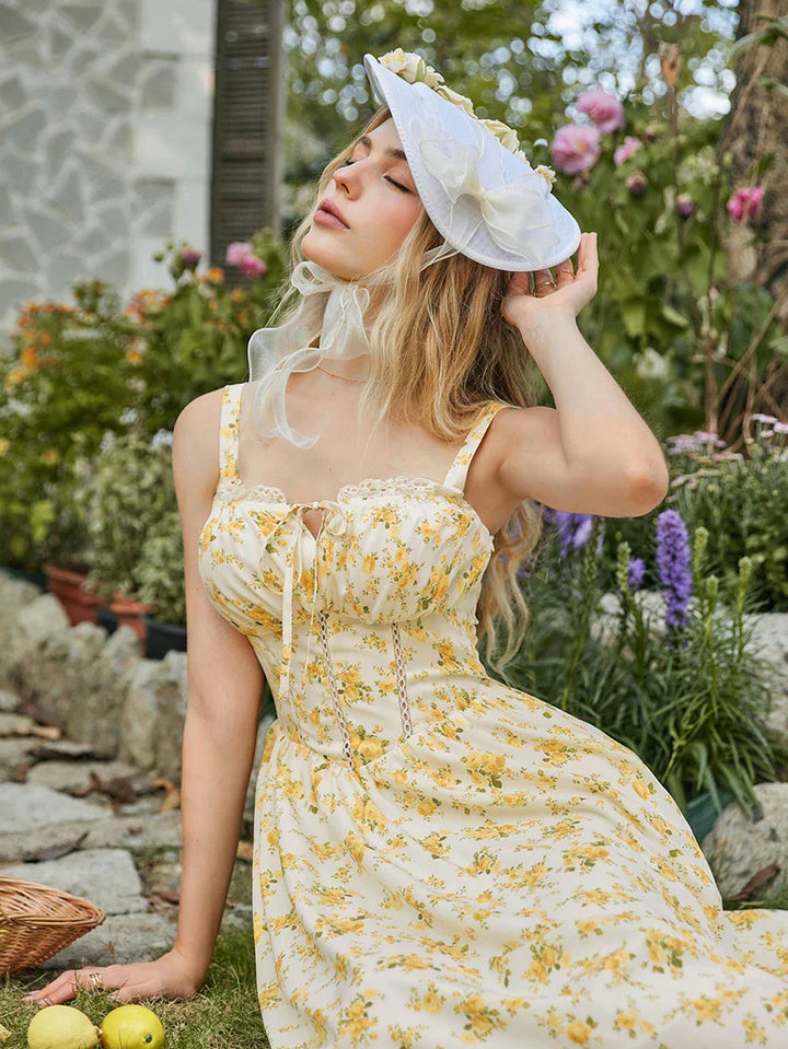 Spring Victorian Floral Pockets Milkmaid Corset Dress