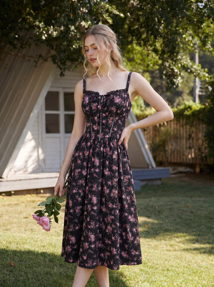Spring Victorian Floral Pockets Milkmaid Corset Dress