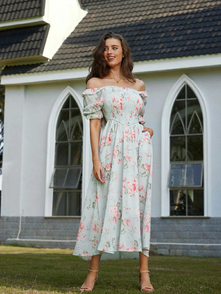 ARLETTE™ - Puff-Sleeve Chiffon Pocket Dress