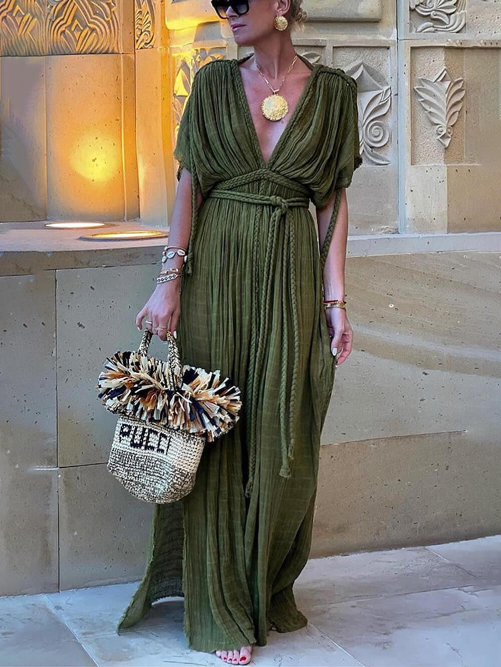 Sabina™ - Kimono Draped Braids Cover Up Slit Maxi Dress