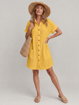 Emmeline™ - Short Sleeve Front Pockets Knee Length Dress