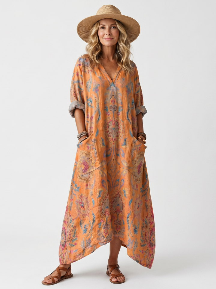 PAULINE - Notch Neck Printed Pocket Midi Dress