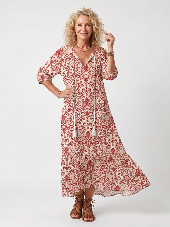 KATELL - Ornate Print Tassel-Tie Midi Dress