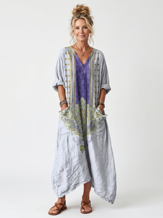 REINE - Contrast Panel Embroidered Midi Dress