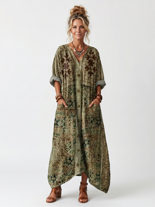 URSULE - Button-Front Embroidered Midi Dress