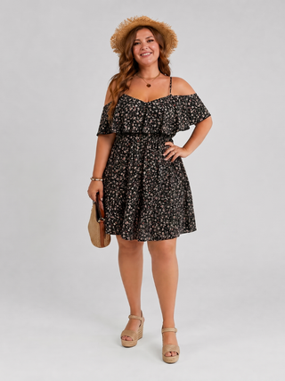 Iolanthe™ - Cold Shoulder Ruffle Overlay Knee Length Dress