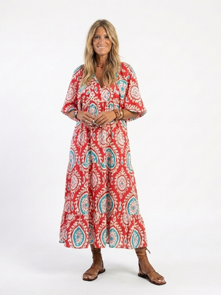 EDMEE - Paisley V-Neck Short-Sleeve Midi Dress