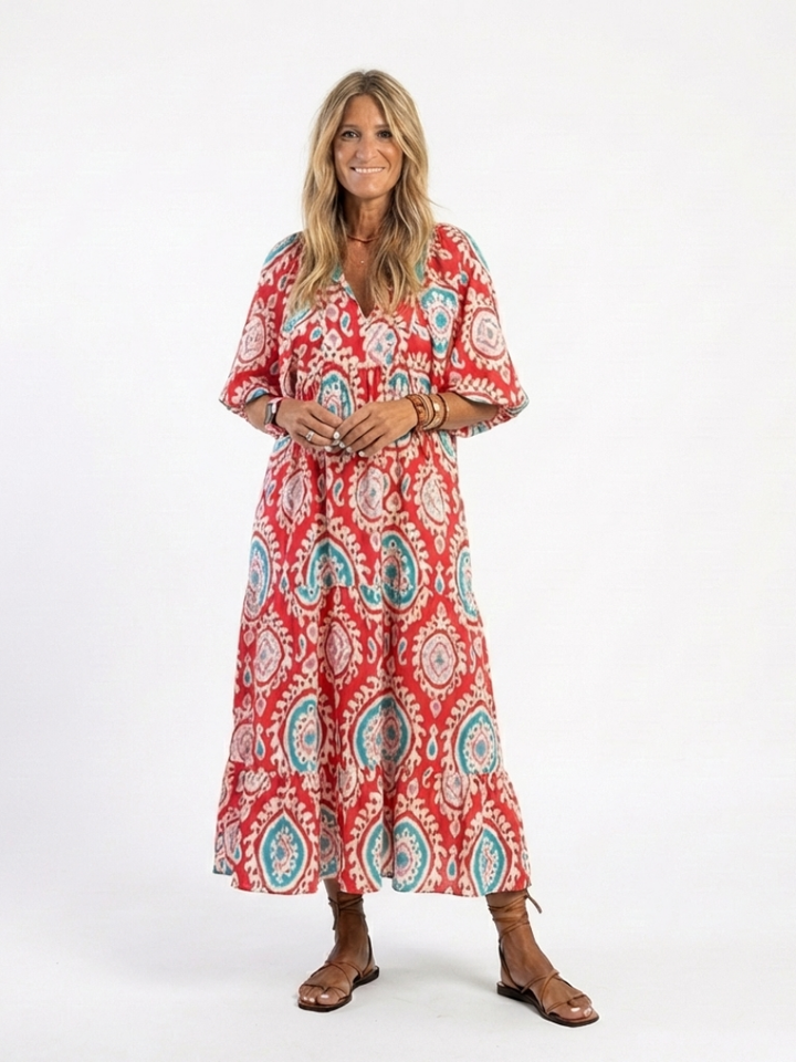 EDMEE - Paisley V-Neck Short-Sleeve Midi Dress