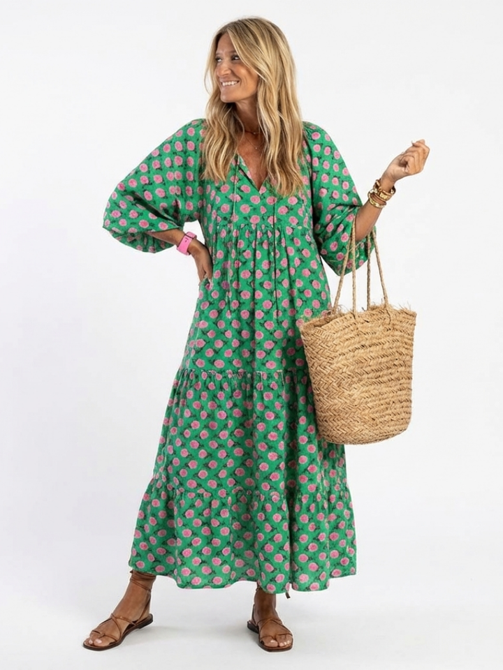 BERTILLE - Floral V-Neck Tiered Midi Dress