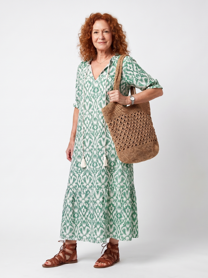 PRISCA - Pattern V-Neck Tassel Midi Dress