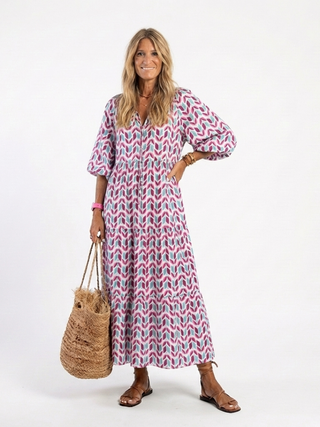 JACINTHE - Geometric Long-Sleeve Tiered Midi Dress