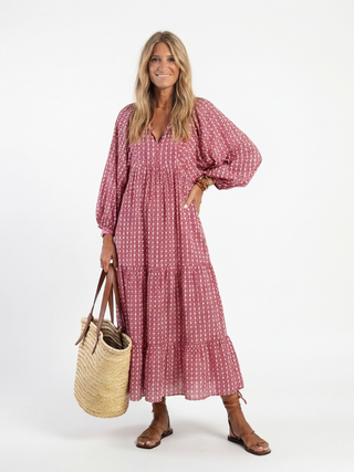 DOMINIQUE - Geometric Long-Sleeve Midi Dress