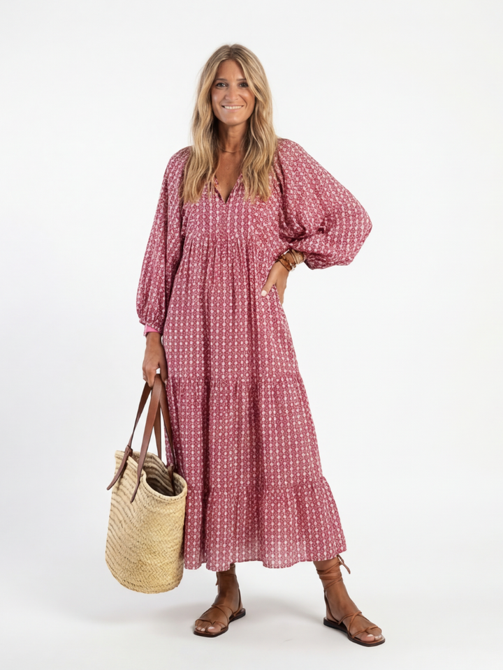 DOMINIQUE - Geometric Long-Sleeve Midi Dress