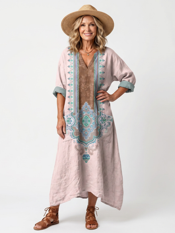 VIOLAINE - Embroidered Panel Pocket Midi Dress