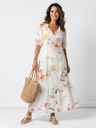 LOUISON - Soft Floral Tiered Tassel Midi Dress
