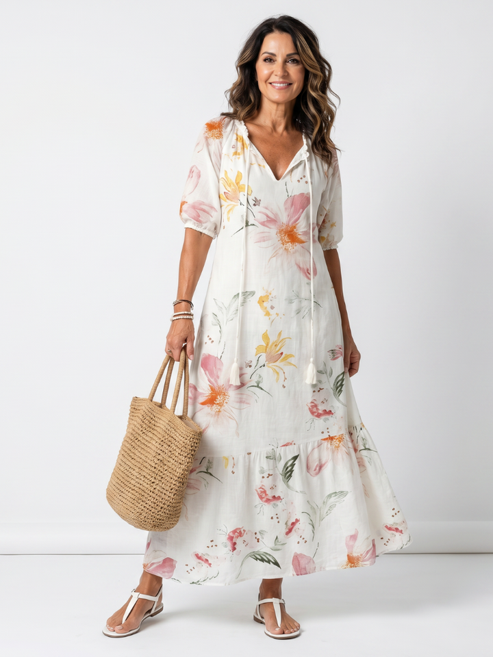 LOUISON - Soft Floral Tiered Tassel Midi Dress